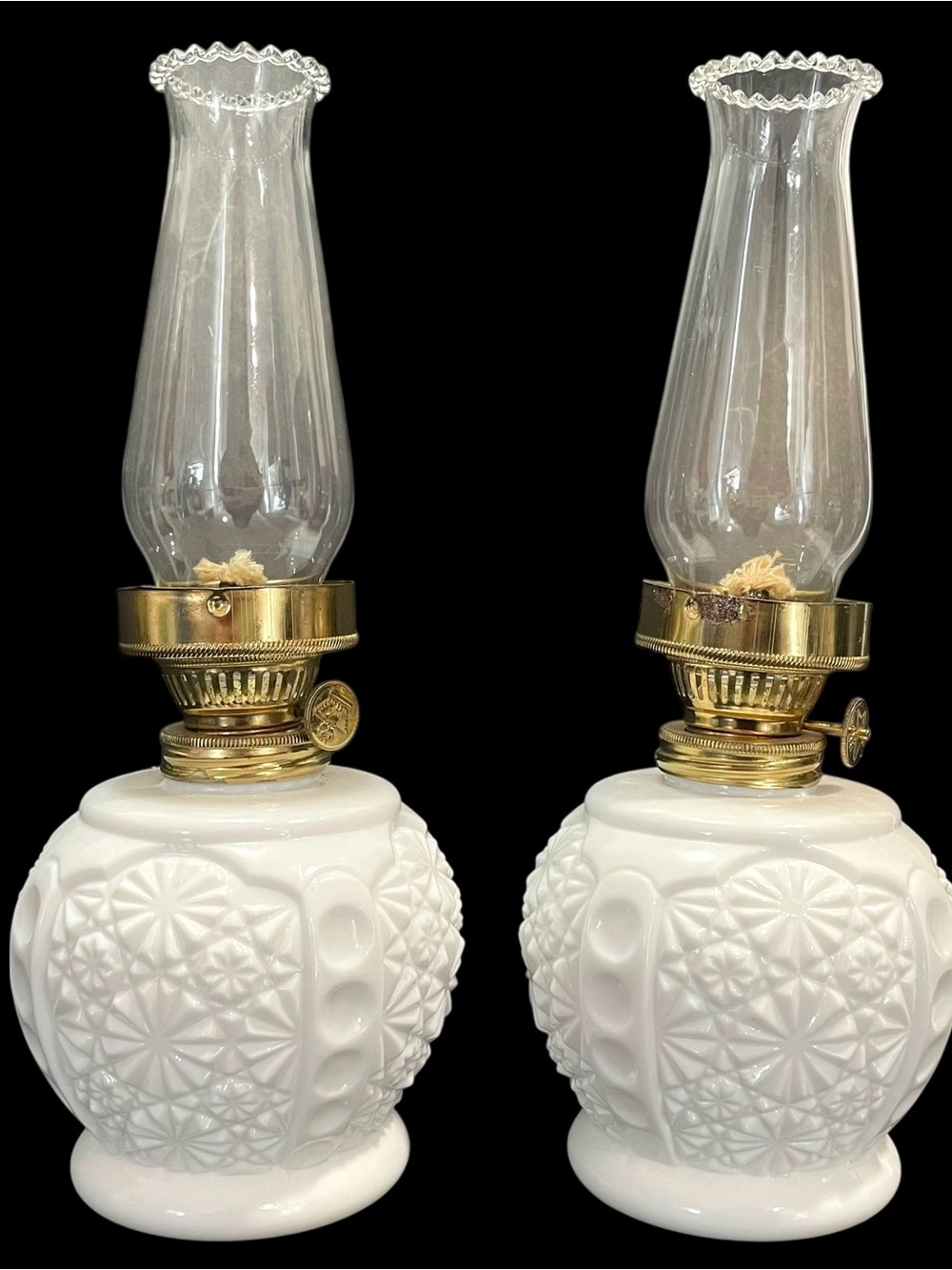 Vintage 1950s Milk Glass Oil Lamps (2) - Daisy and Botton Patterned Body - Picture 2 of 10